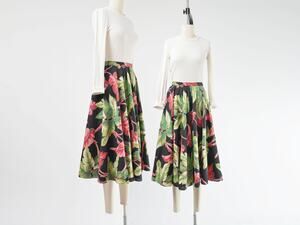 Vintage 50s Leaf Print Skirt Cotton Full Circle Midi Skirt 24 waist size XXS XS